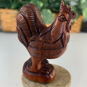 Vintage Hand Carved Rooster Chicken Boxwood Netsuke Animal Wooden Figurine 2.5"
